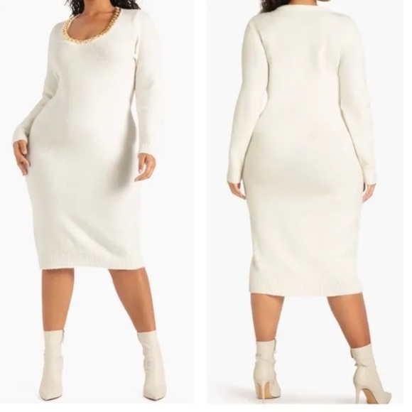 ELOQUI SWEATER DRESS CREAM WITH CHUNKY GOLD CHAIN NECKLINE SIZE 18 - Picture 1 of 12